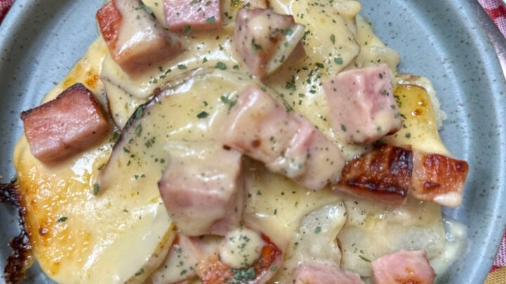 Ham and au gratin potatoes on a blue plate.