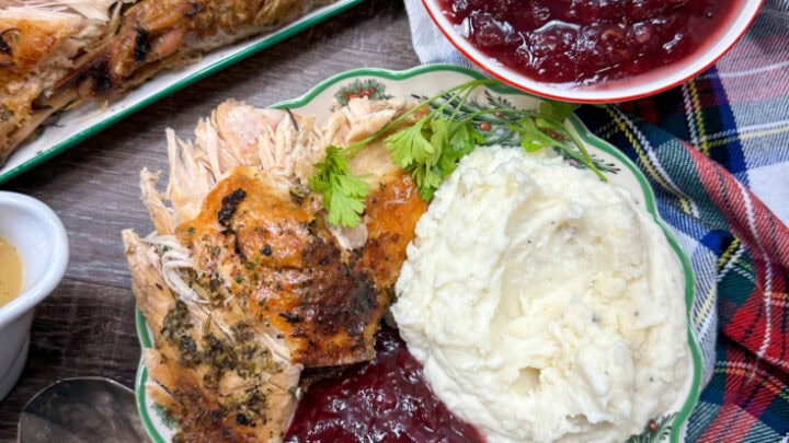 Cranberry sauce on a Christmas plate with mashed potatoes and turkey.