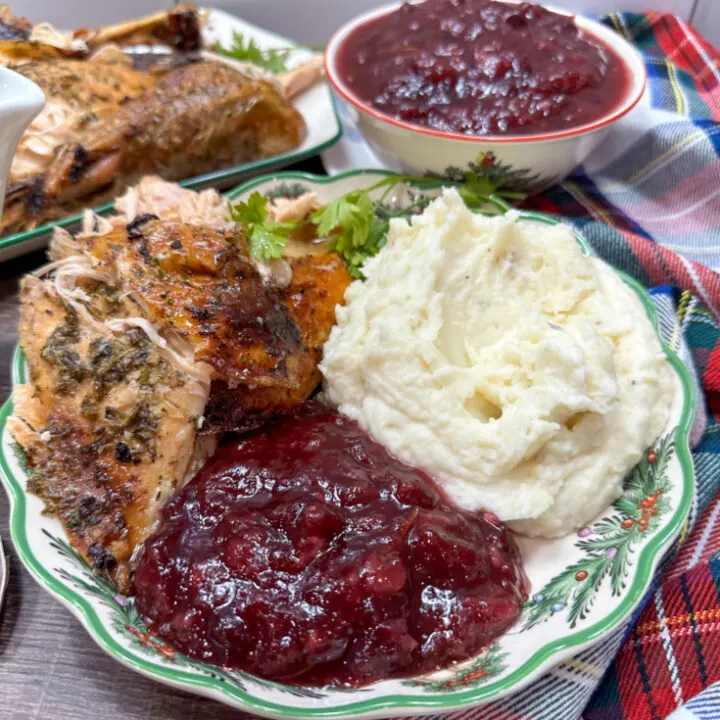 Cranberry sauce on a Christmas plate with mashed potatoes and turkey.