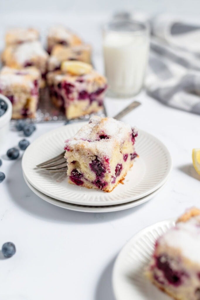Blueberry coffee cake on a white plate. There's other slices near the plate. 