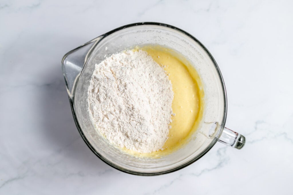 Coffee cake ingredients in a large mixing bowl. 