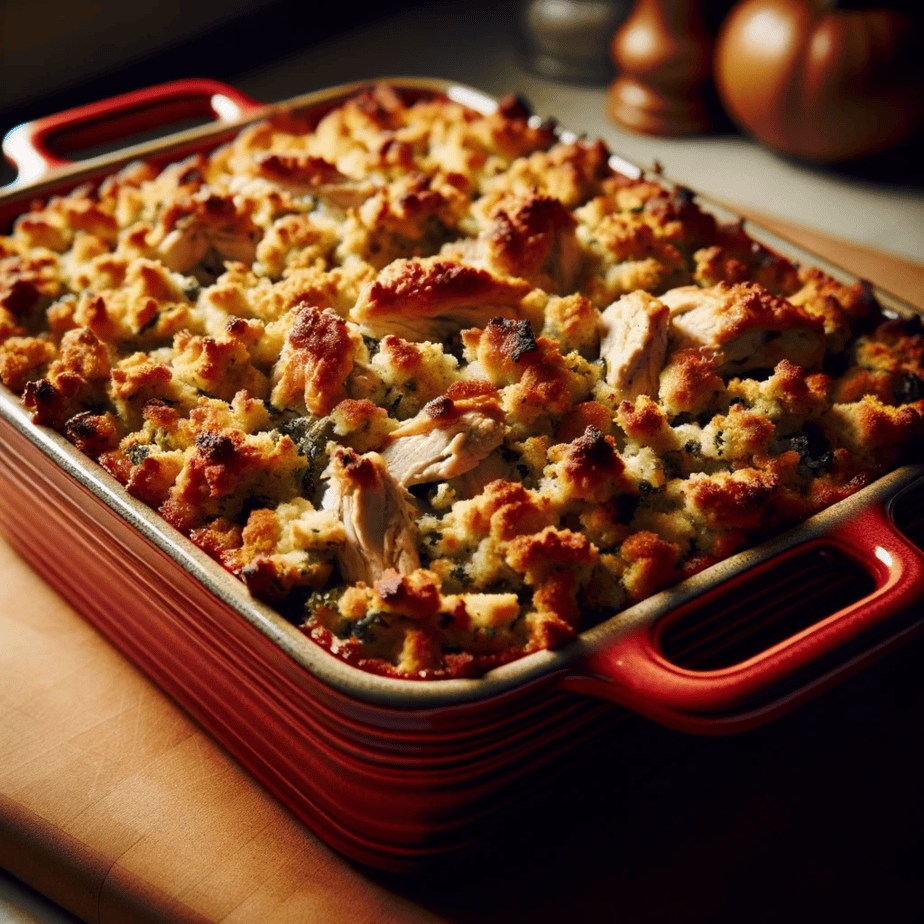 An angled photo of a chicken and stuffing casserole, freshly baked and resting on a kitchen countertop. The casserole is housed in a red ceramic dish