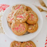 White chocolate peppermint cookies on a white plate.