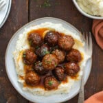 Meatballs on mashed potatoes.