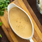 Turkey gravy in a gravy boat.