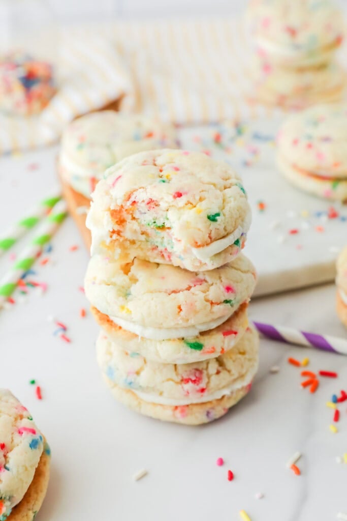 Funfetti whoopie pies stacked on top of each other.