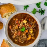 Hamburger and vegetable soup in a bowl.