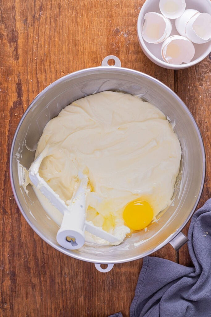 Cream cheese mixture in a mixing bowl. 