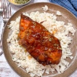 Slow cooker apricot chicken on top of rice