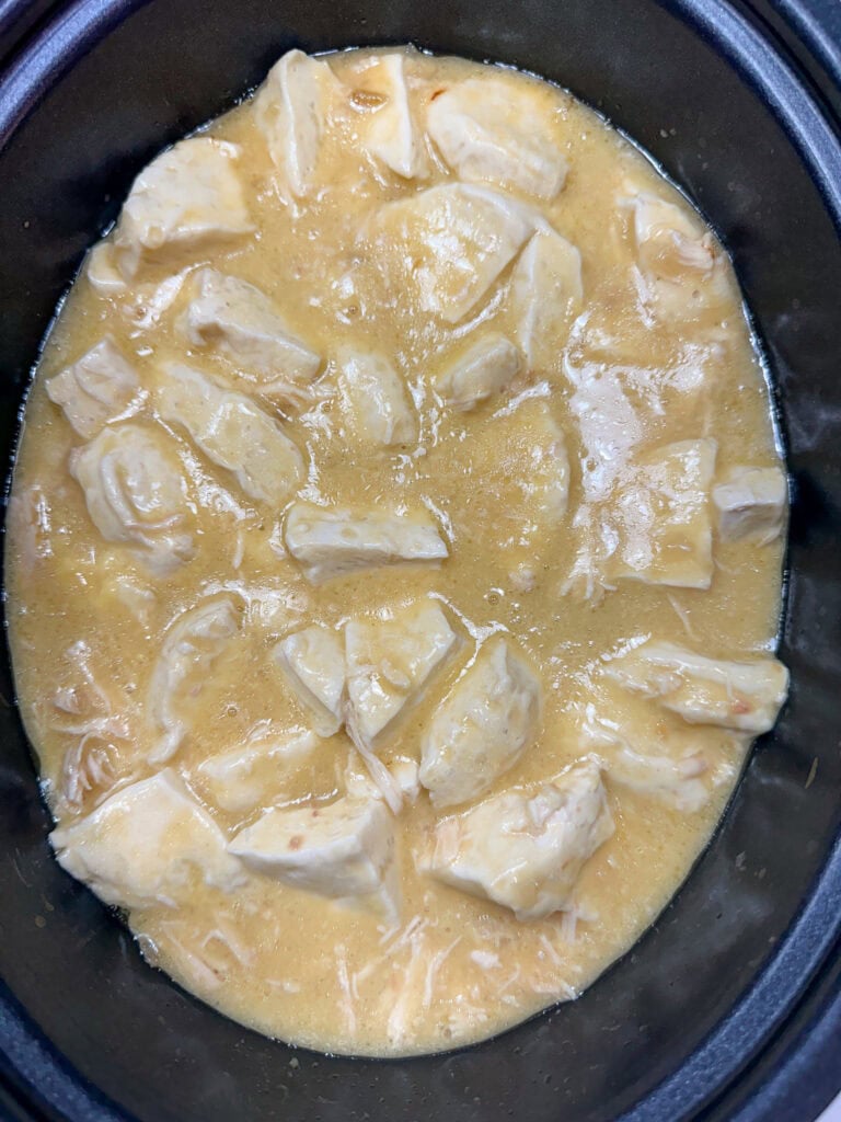 Biscuits in a crock pot with chicken.