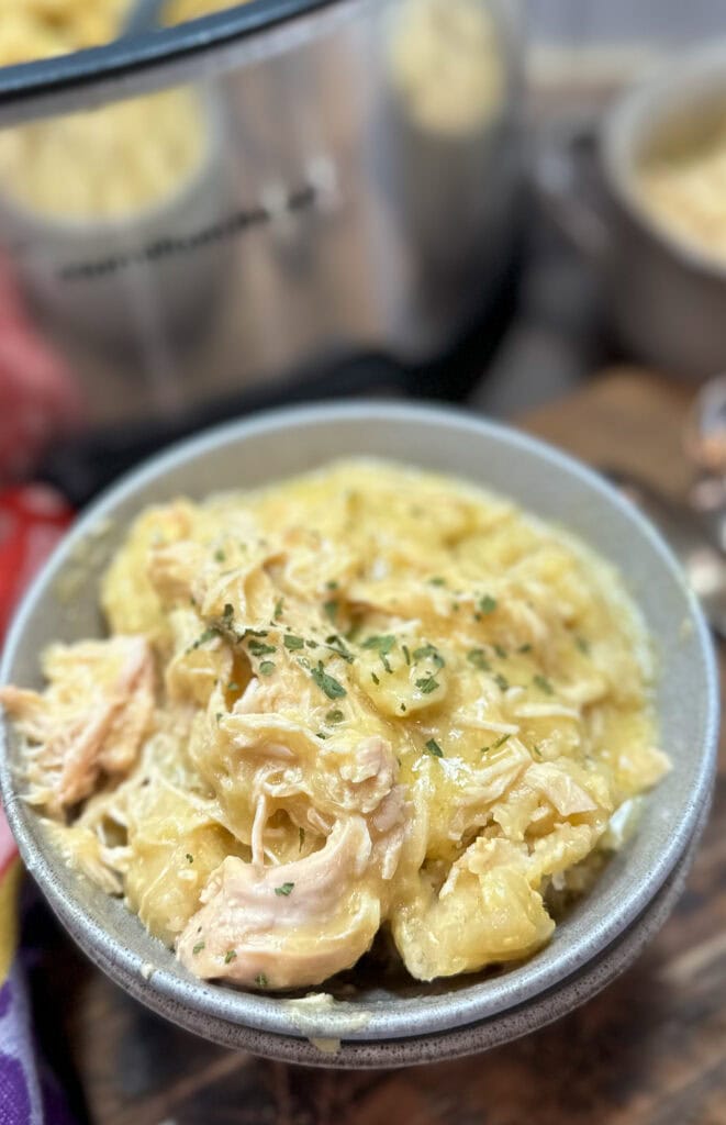 Chicken and dumplings in a bowl next to a slow cooker.
