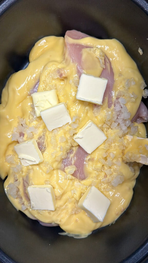 Chicken, soups, butter, and onions in a Crock Pot.