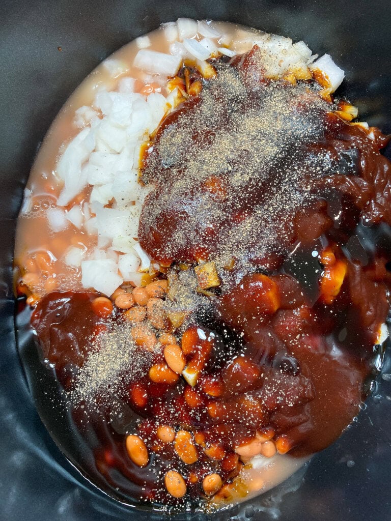 Ingredients for bbq beans in a Crock Pot.