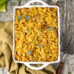 Pecan cornbread dressing on a counter.
