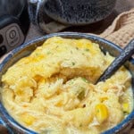 Slow cooker chicken and dumplings in a small bowl with a spoon.