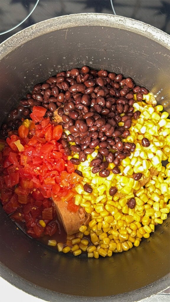 Beans and salsa in a saucepan.