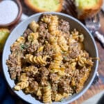 Creamy beef and noodles in a bowl.