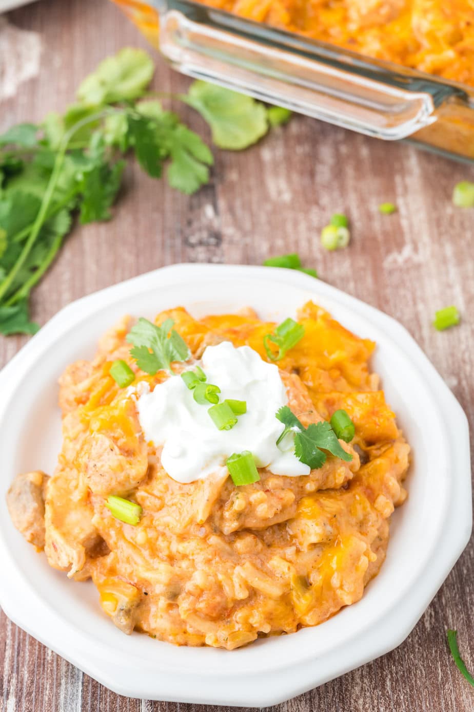 A white plate with a serving of cheesy chicken casserole topped with sour cream and chopped green onions, garnished with cilantro, sits on a rustic wooden table near a casserole dish.