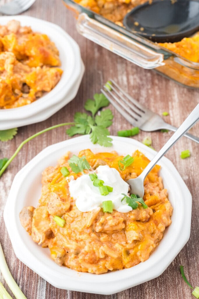A white plate holds a serving of cheesy casserole topped with sour cream and chopped green onions, with a fork in it. Another plate and a glass baking dish of casserole are in the background on a wooden table.