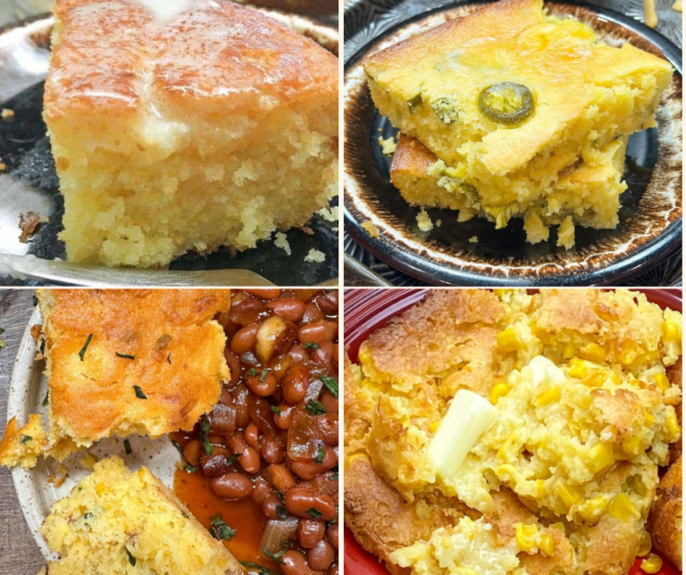 A collage of four cornbread varieties: classic with butter, jalapeño cornbread, cornbread served with beans, and a cornbread casserole with corn and melted butter on top.