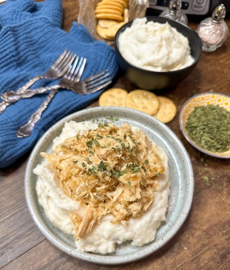 A bowl of creamy mashed potatoes topped with shredded chicken and herbs sits on a wooden table surrounded by extra mashed potatoes, crackers, forks, a blue cloth, and a small dish of dried herbs.