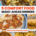 Collage of five hearty comfort food dishes—beefy macaroni, chicken with tater tots, cornbread casserole, chili, and creamy macaroni—with bold text: 5 Comfort Food Make-Ahead Dinners - Supper Made Simple 15.