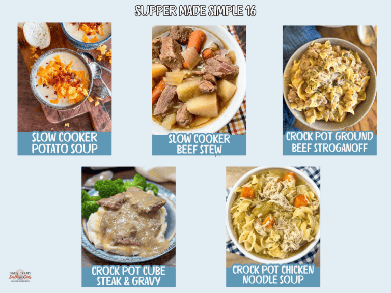 A meal plan titled Supper Made Simple 16 displays five dishes: slow cooker potato soup, slow cooker beef stew, crock pot ground beef stroganoff, crock pot cube steak & gravy, and crock pot chicken noodle soup.