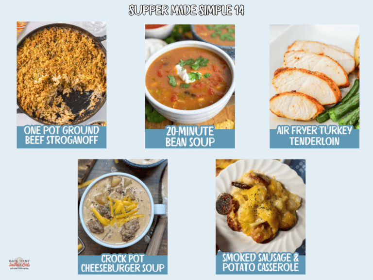 A meal plan titled Supper Made Simple 14 features photos of five dishes: ground beef stroganoff, bean soup, air fryer turkey tenderloin, cheeseburger soup, and smoked sausage & potato casserole.