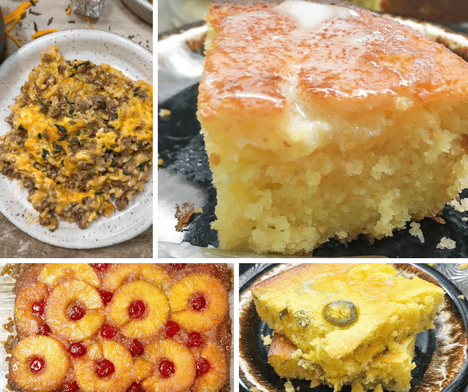A collage showing four different recipes including beef and rice, cornbread, and cake.