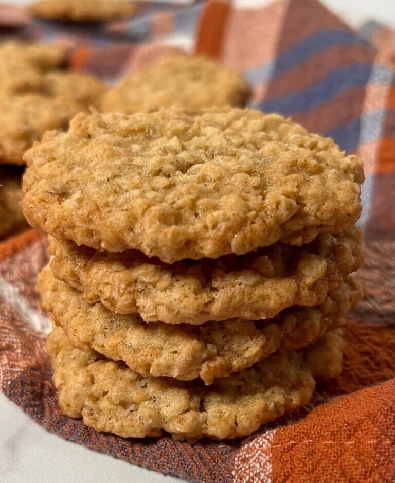 A stack of four oatmeal cookies sits on an orange, blue, and white plaid cloth, with more cookies in the blurred background. The cookies appear golden brown and chewy.