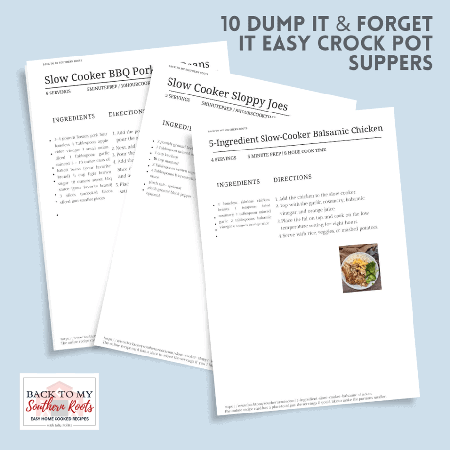 Three printable recipe sheets for slow cooker meals—BBQ pork chops, sloppy joes, and balsamic chicken—are fanned out on a light blue background. Perfect for your Thank You Page: “10 Dump It & Forget It Easy Crock Pot Suppers.”.