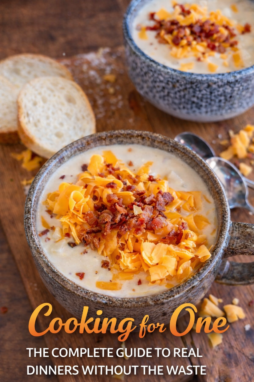 Two bowls of creamy soup topped with cheddar and bacon sit beside bread slices. Text reads: How to Cook for One Person: The Complete Guide to Real Dinners Without the Waste.