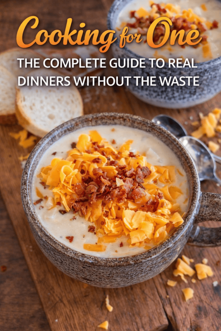A bowl of creamy soup topped with shredded cheddar cheese and bacon bits sits on a wooden table next to sliced bread, perfect for savoring while browsing our Thank You Page guide: “Cooking for One: The Complete Guide to Real Dinners Without the Waste.”.