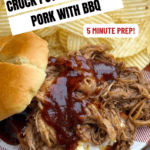 A plate with a pulled pork sandwich topped with BBQ sauce, served with a side of ridged potato chips. Text reads: Crock Pot Cola Pulled Pork with BBQ. 5 minute prep! Only 5 ingredients! backtomysouthernroots.com.
