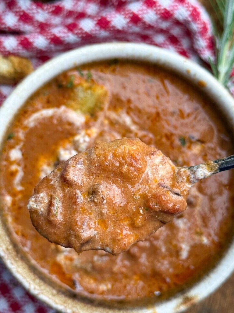 A close-up of a spoonful of thick tomato-based soup held above a bowl, with a red and white checkered cloth in the background. The soup appears creamy with visible chunks and a swirl of cream.