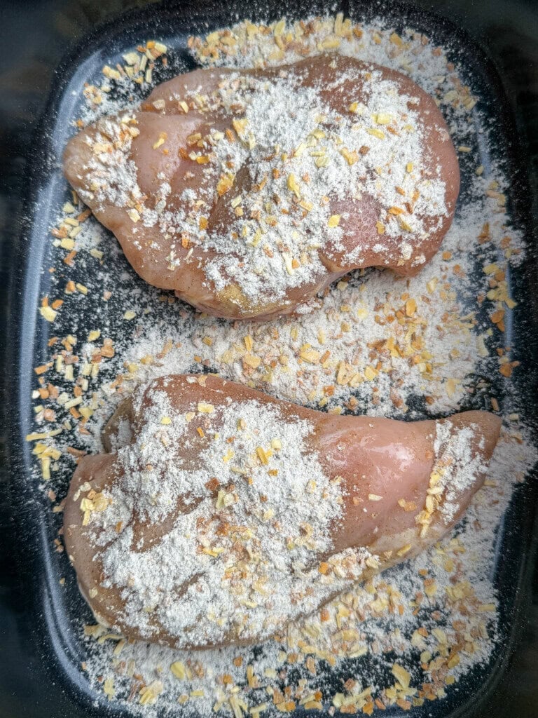 Two raw chicken breasts in a dark baking dish, sprinkled with a mixture onion seasoning ready to be cooked.