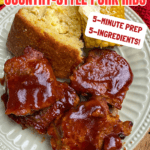A plate with country-style pork ribs in sauce, cornbread, and corn. Text: “5-Ingredient Crock Pot Country-Style Boneless Pork Ribs—just 5-minute prep! Get the recipe at backtomysouthernroots.com.”.