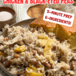 A bowl of chicken, black-eyed peas, rice, and squash sits next to a piece of cornbread. Text reads: Crock Pot Chicken & Black-Eyed Peas, 5-Minute Prep, 6 Ingredients, Get The Recipe!.