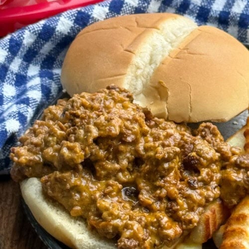 A sloppy joe sandwich with crinkle-cut fries on a plate, next to a blue and white checkered cloth. A red tray with more food is partially visible in the background.