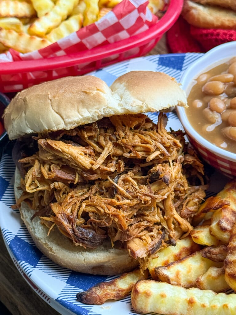 A pulled chicken sandwich on a bun is served with crinkle-cut fries and baked beans on a blue-and-white plate. A basket of fries is visible in the background.