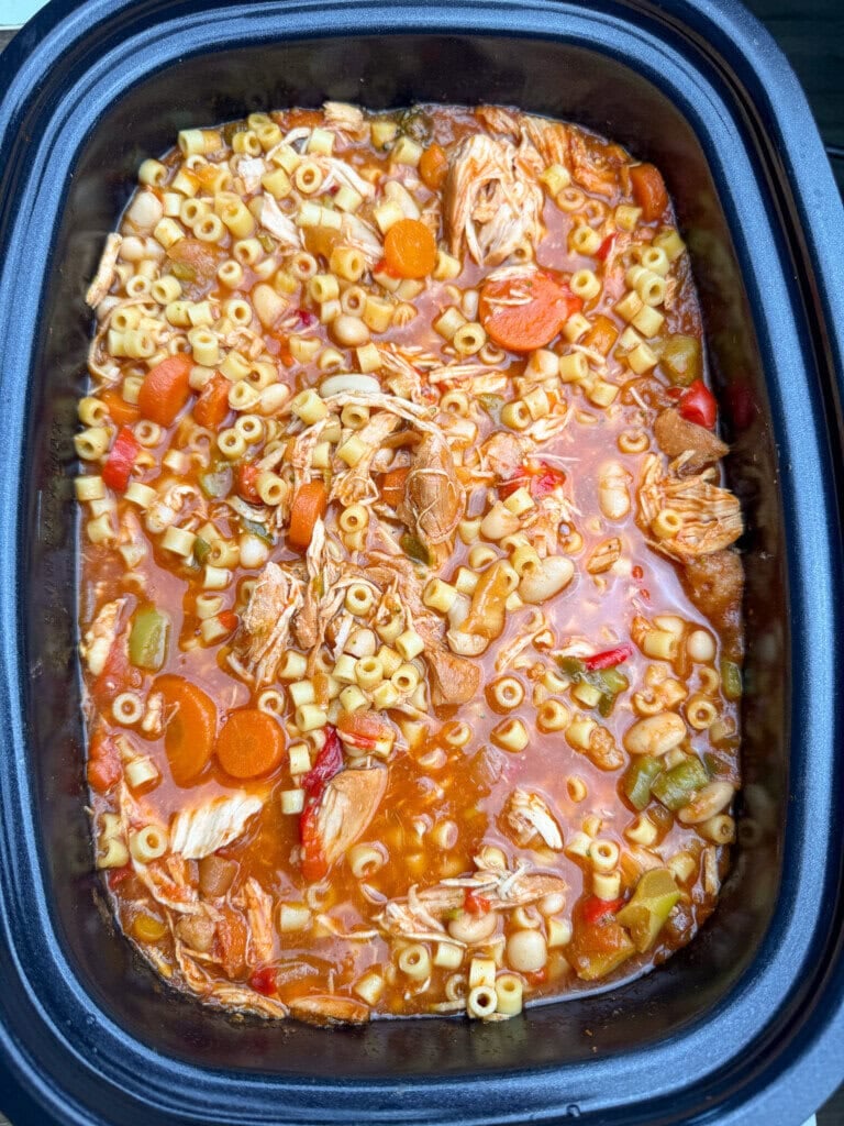 A pot filled with chicken noodle soup featuring shredded chicken, ditalini pasta, carrots, celery, tomatoes, and a rich broth.