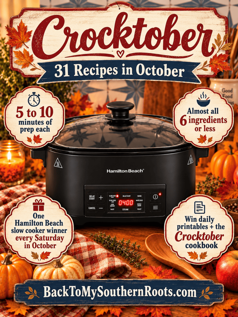 A slow cooker sits on a festive autumn table adorned with pumpkins and leaves, inviting you to celebrate Crocktober: 31 Recipes in October. Discover quick prep recipes, printables, and exciting cookbook giveaways all month long!.